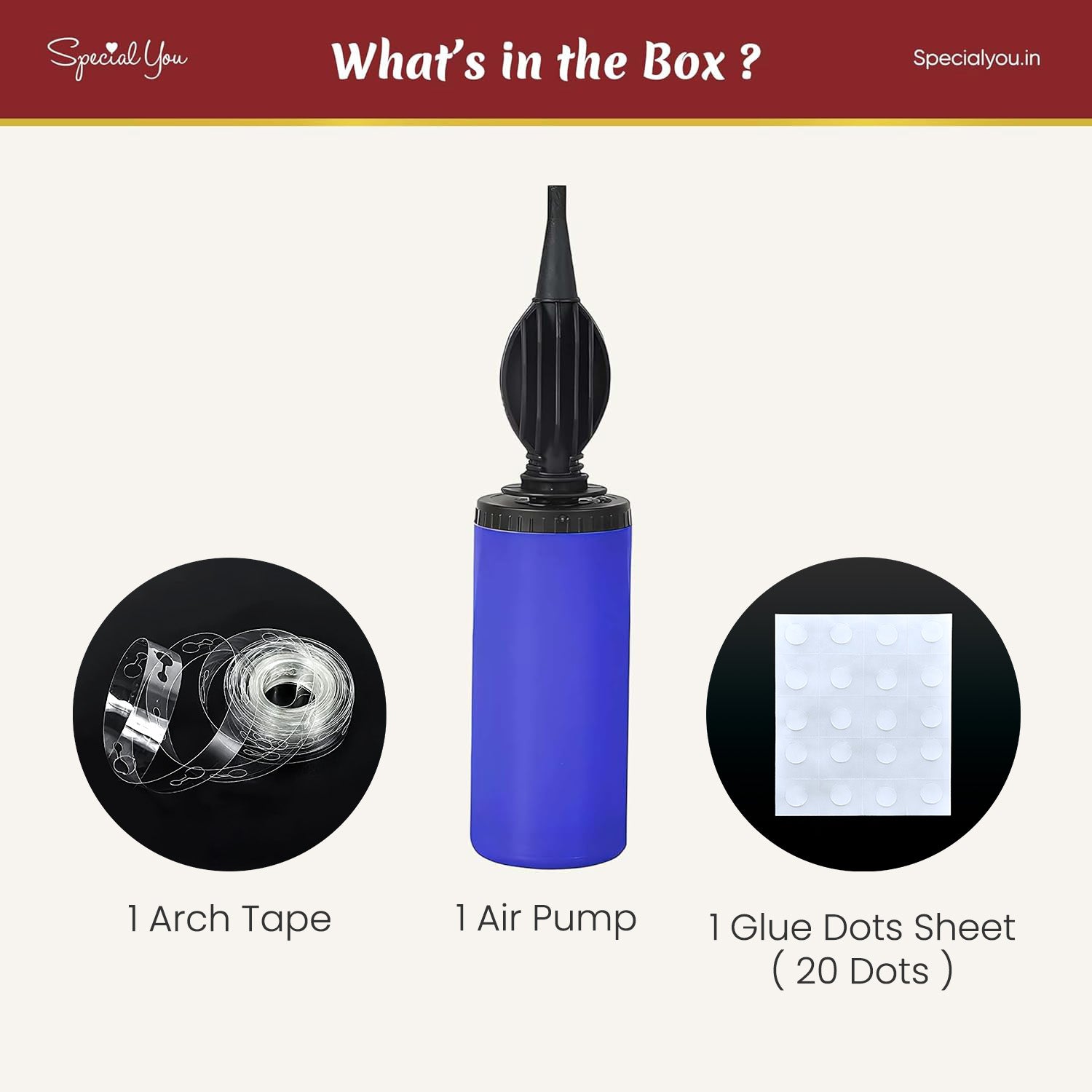 Decoration Accessories kit with balloon arch strip, Double Sided Tape and Balloon Pump