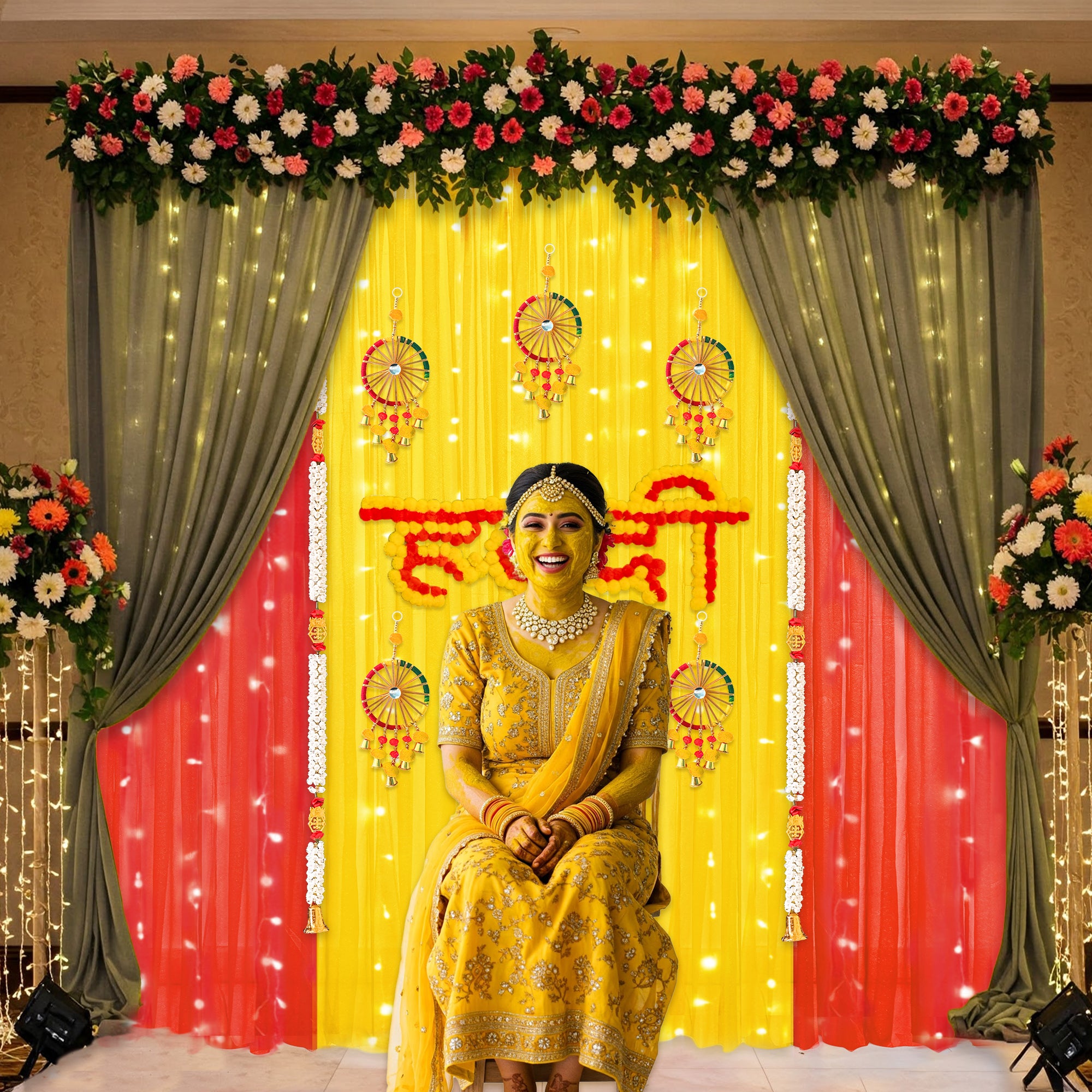 Decorate your haldi with yellow green & red backdrop