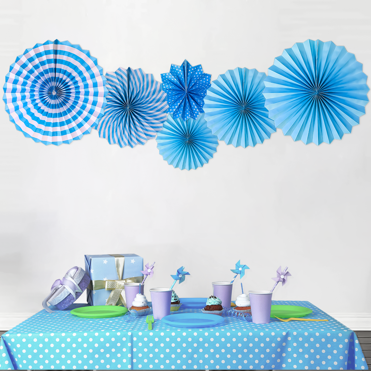 Blue Paper Fans hanging for wall Backdrop-6pcs