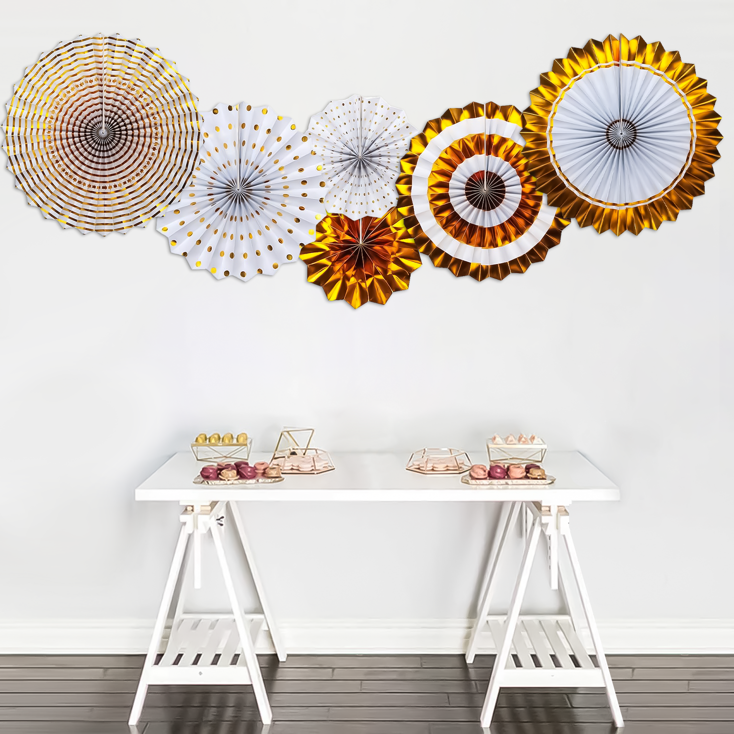White & Gold Paper Fans hanging wall backdrop-6pcs