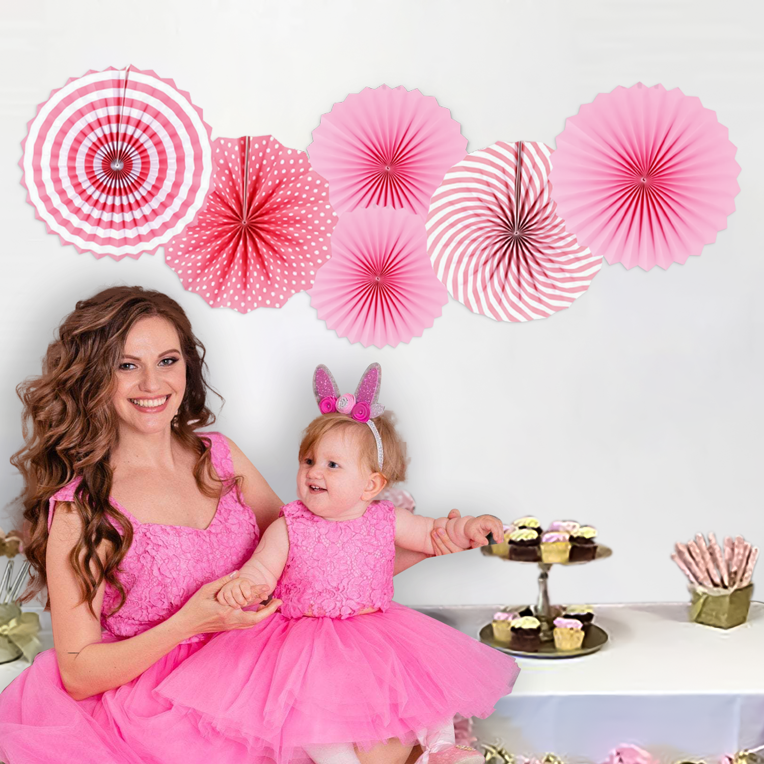 Pink Paper Fans hanging for wall backdrop pack of 6