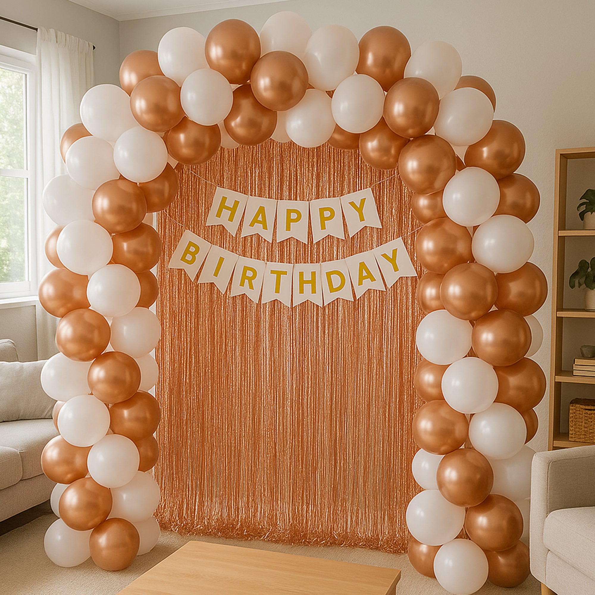Rosegold,White Balloons & Foil curtain for B'day Decor