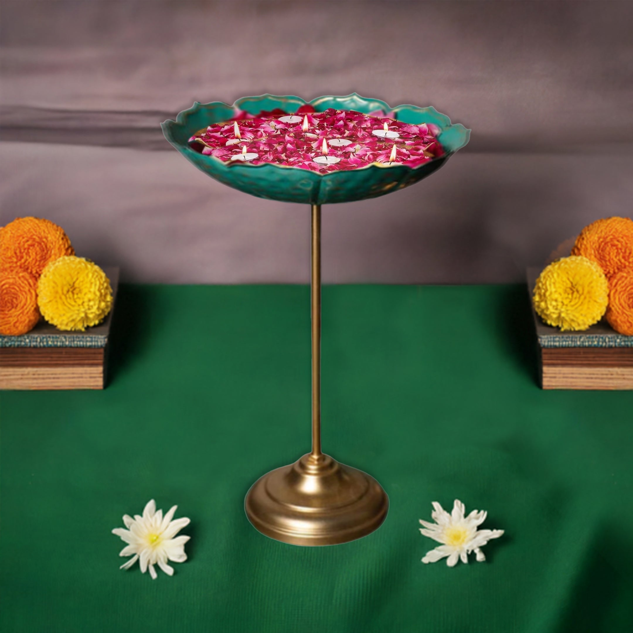 Green Stand Urli Bowl with Tea Light Candles for Home Decor