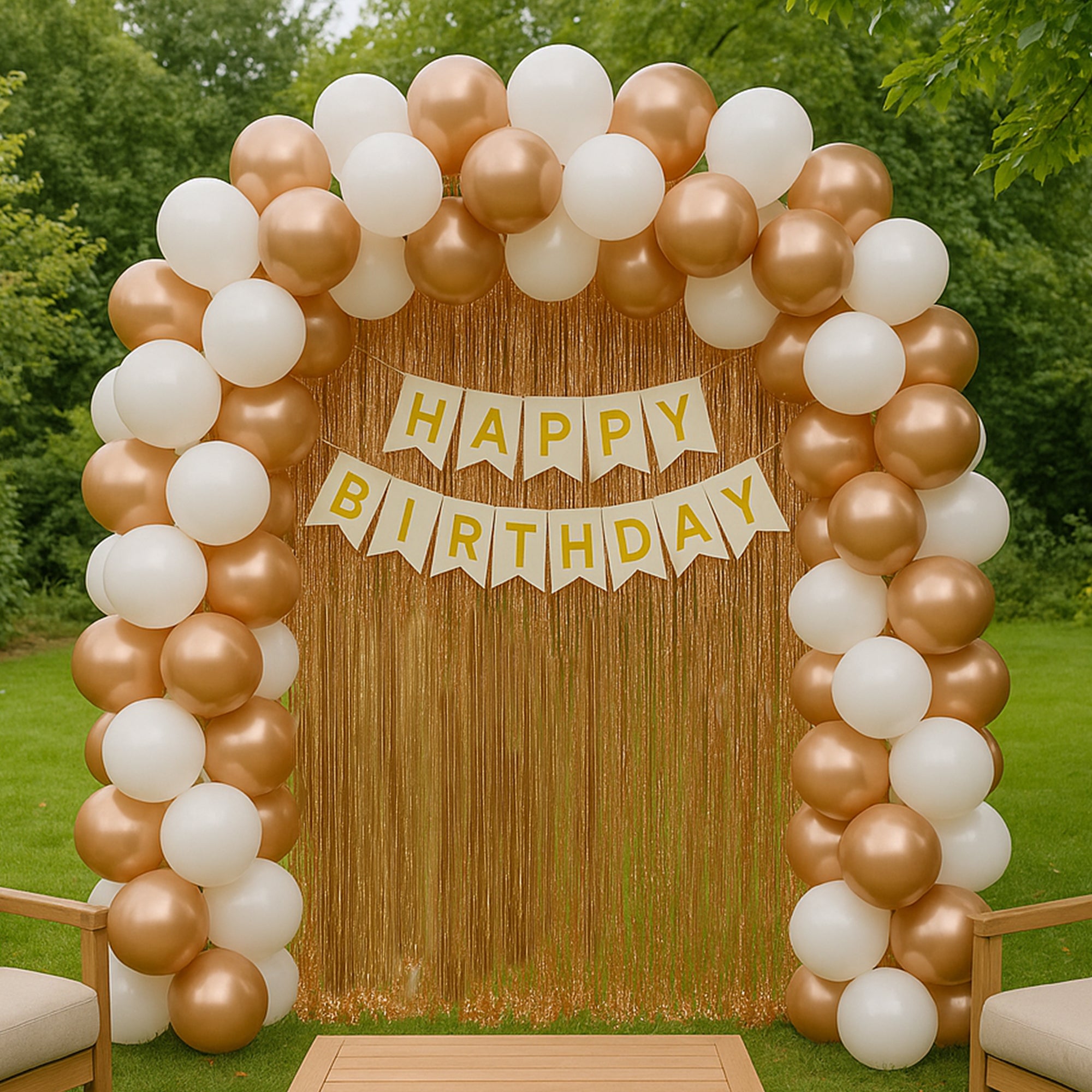 Rosegold,White Balloons & Foil curtain for B'day Decor