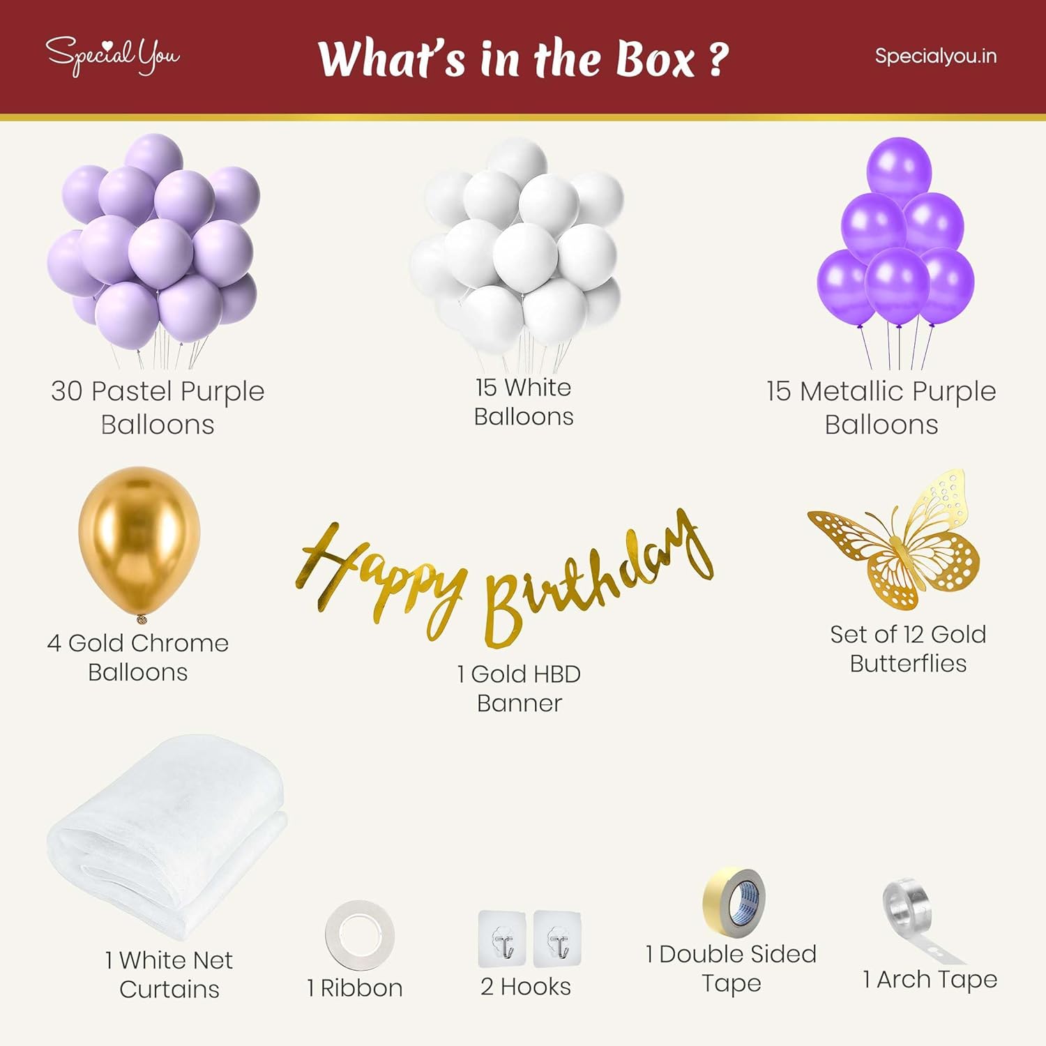 metalic purple pastel purple white golden balloons