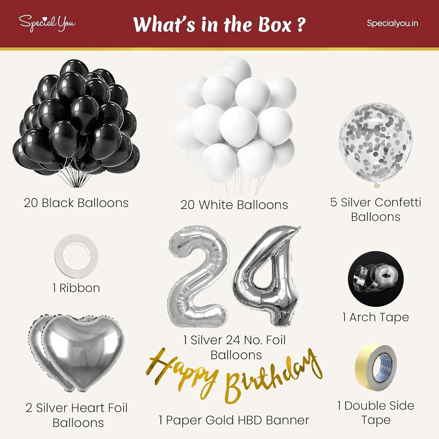 24th Birthday Decor – Black & White Balloons