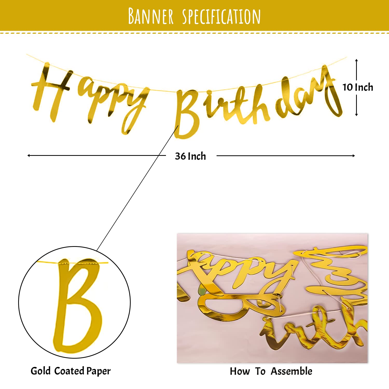 Gold Paper Fan Happy Birthday Decoration- Set of 10pcs