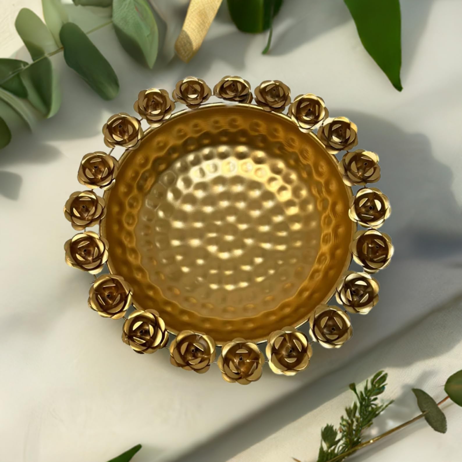 Gold Rose Urli 9 Inch with White T-Lights Candles