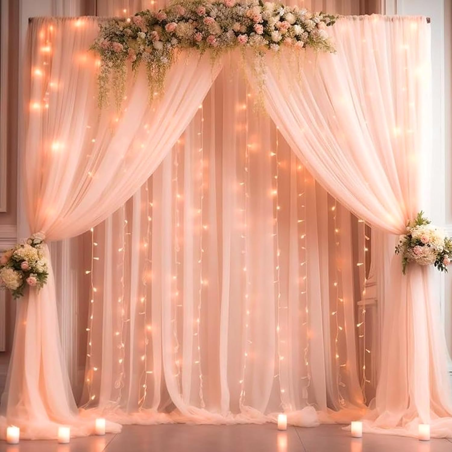Peach Net Curtain for Decoration with Fairy Light