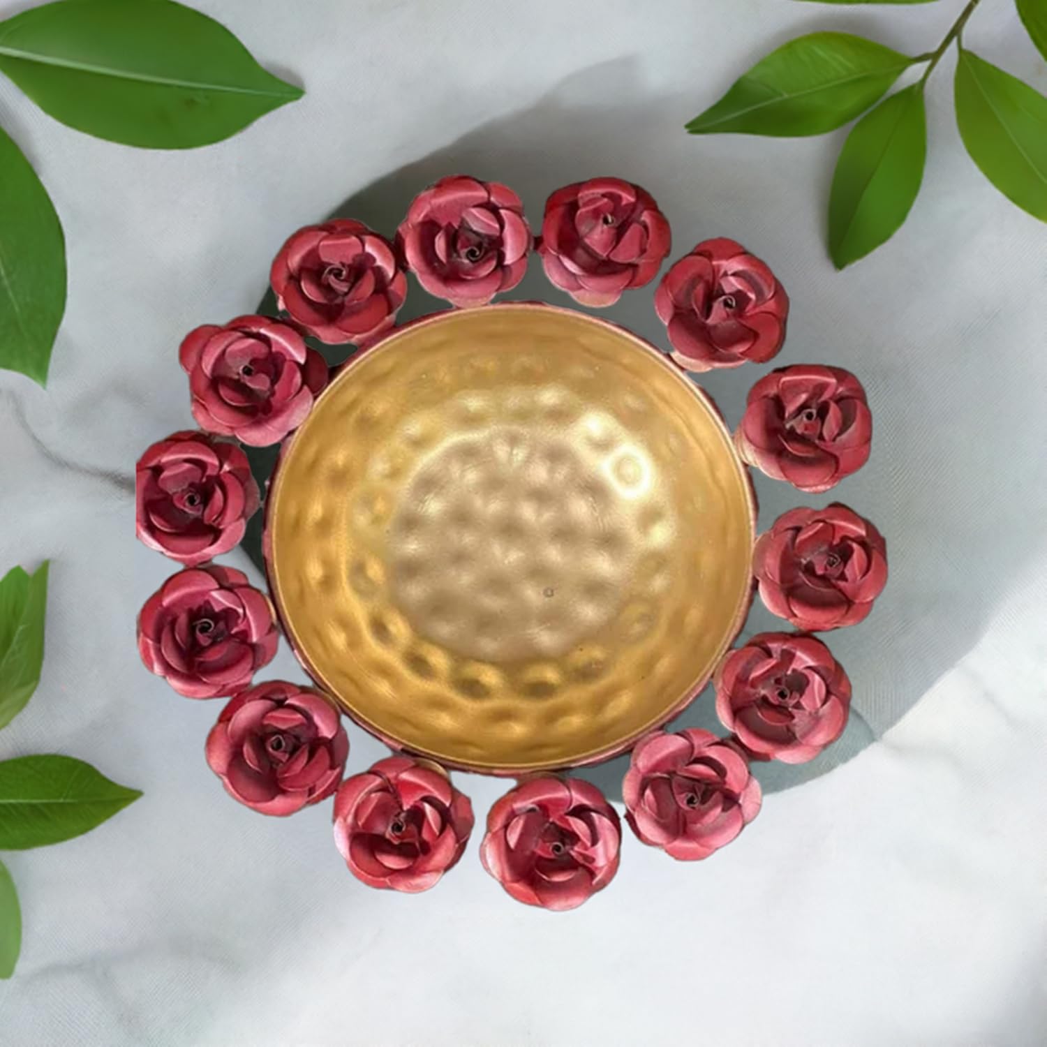 Red Rose Bowl Urli with Tea Light Candles for Diwali Home Decor