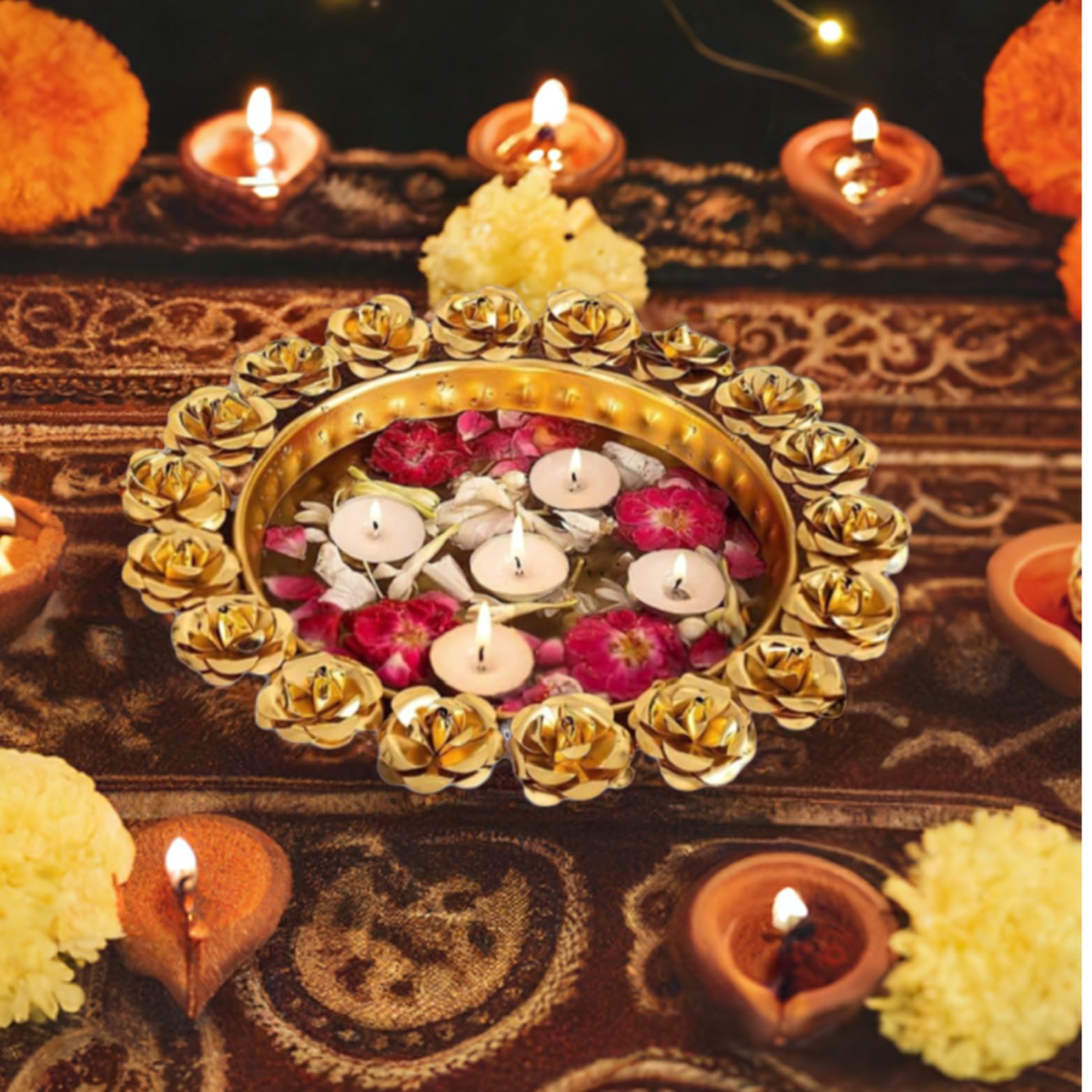 Gold Rose Urli 9 Inch with White T-Lights Candles