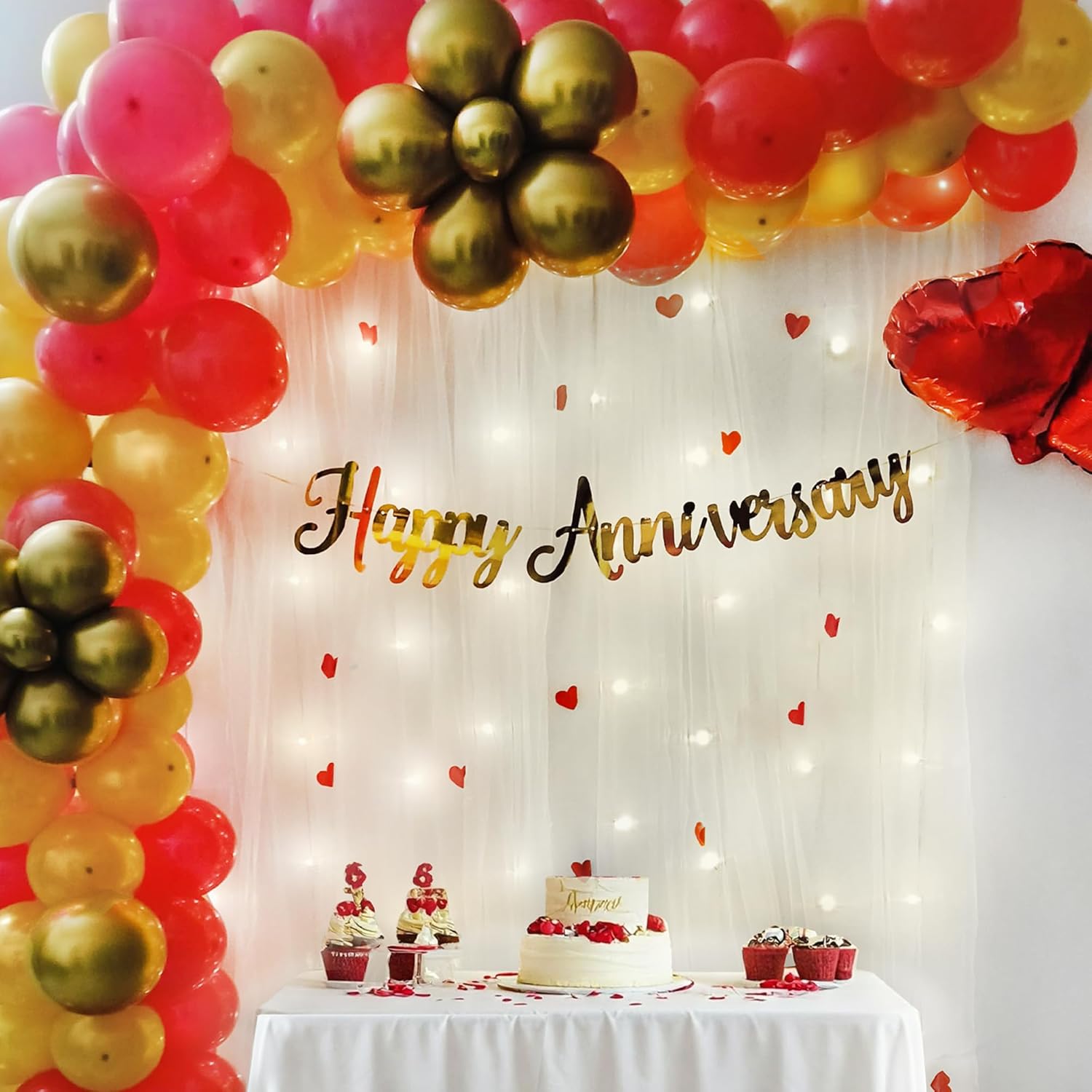 Red and Golden theme Balloons for Happy Anniversary
