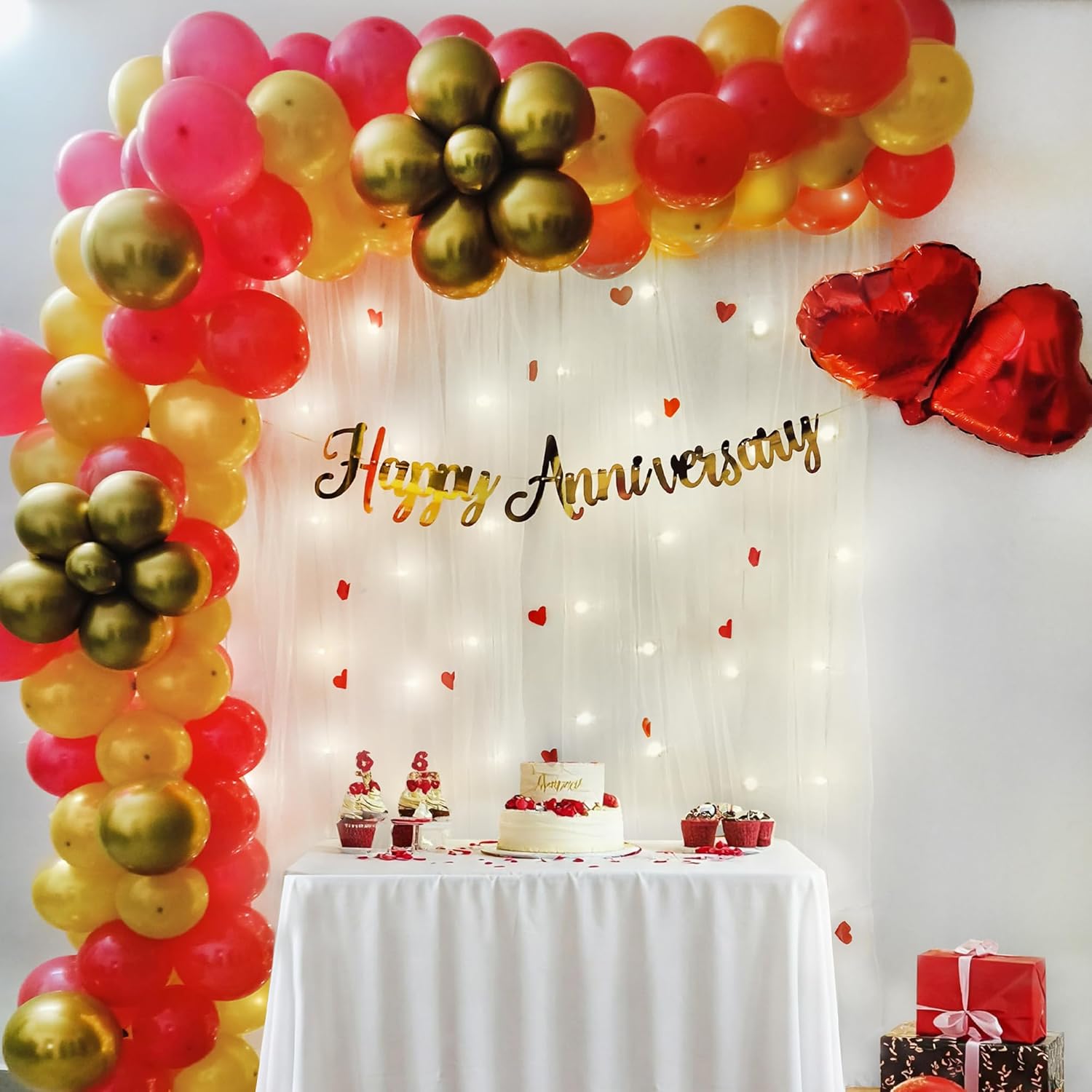 Red and Golden theme Balloons for Happy Anniversary