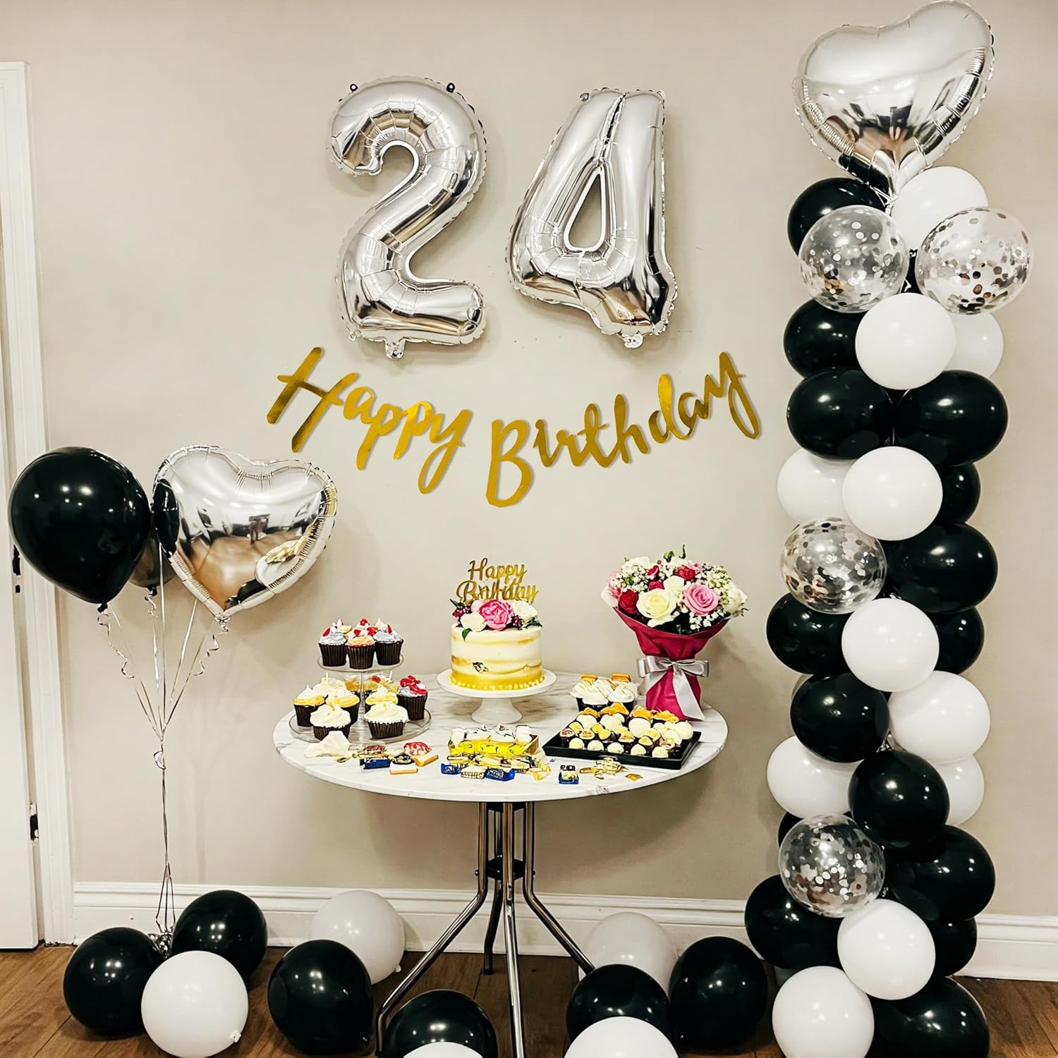 24th Birthday Decor – Black & White Balloons