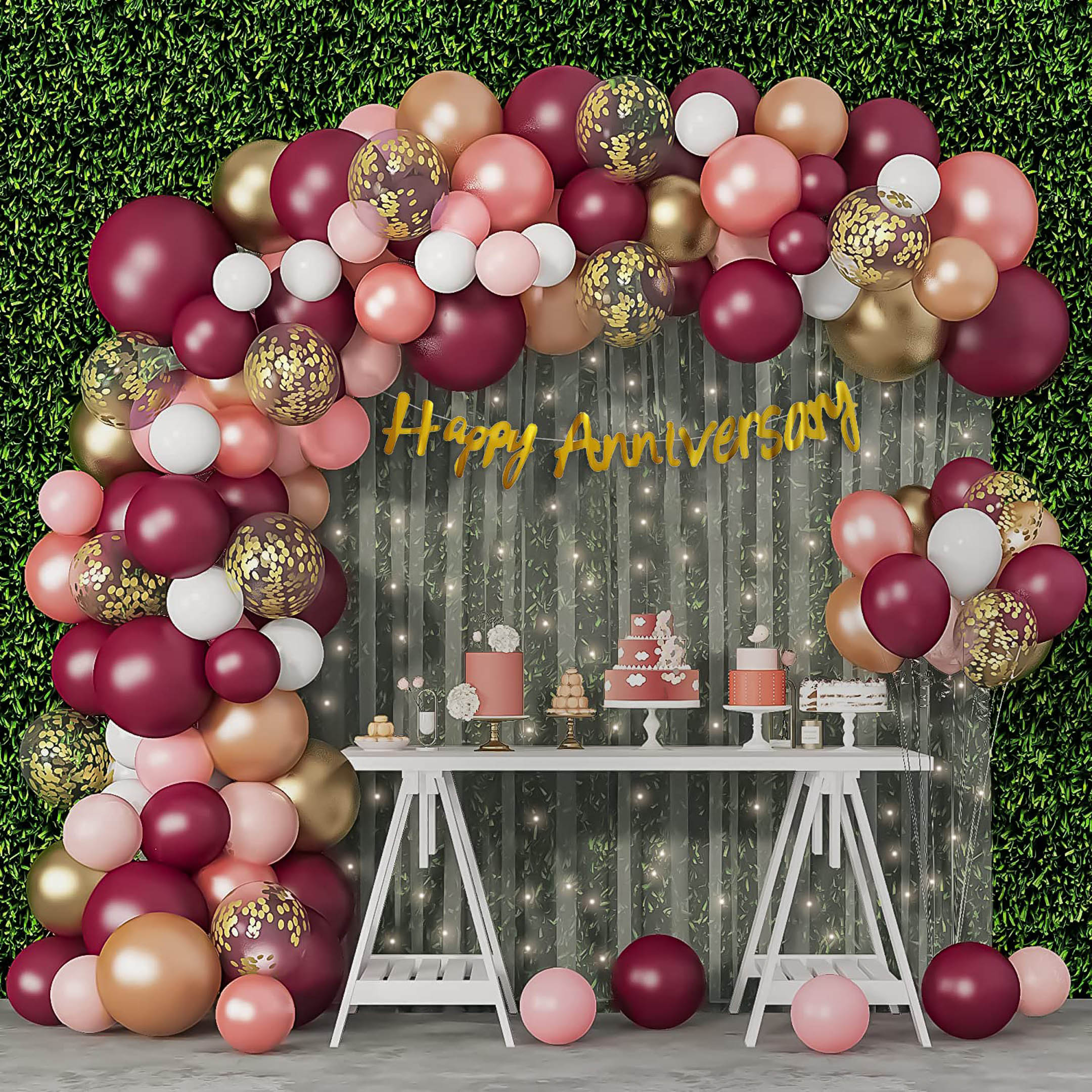 Burgundy peach white golden balloons