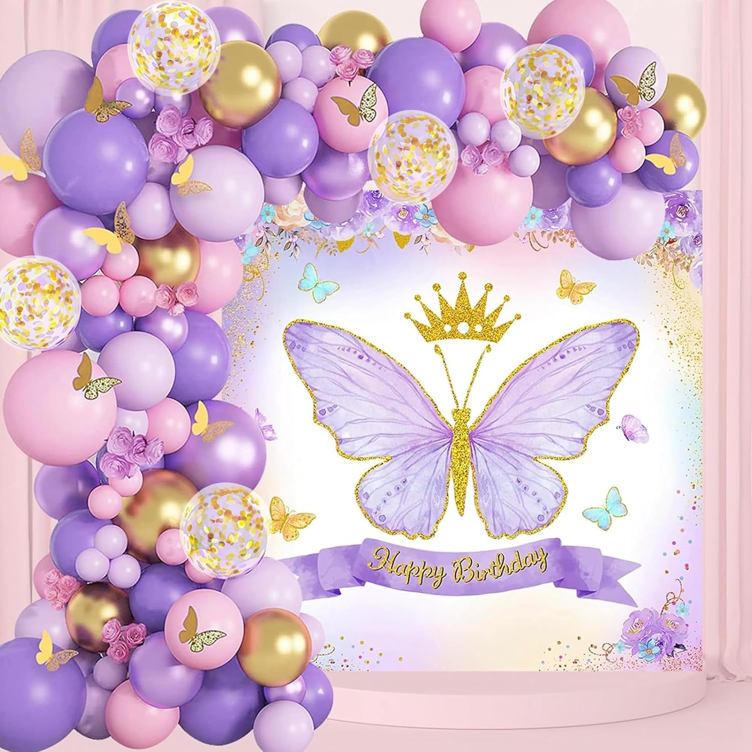 Pink Purple Butterfly theme balloon decor for birthday