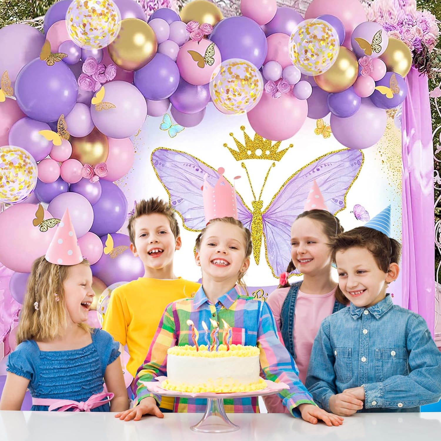 Pink Purple Butterfly theme balloon decor for birthday