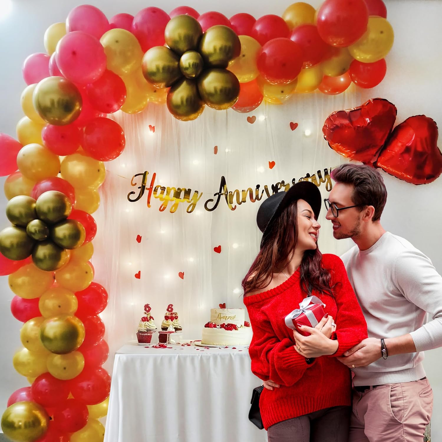 Red and Golden theme Balloons for Happy Anniversary