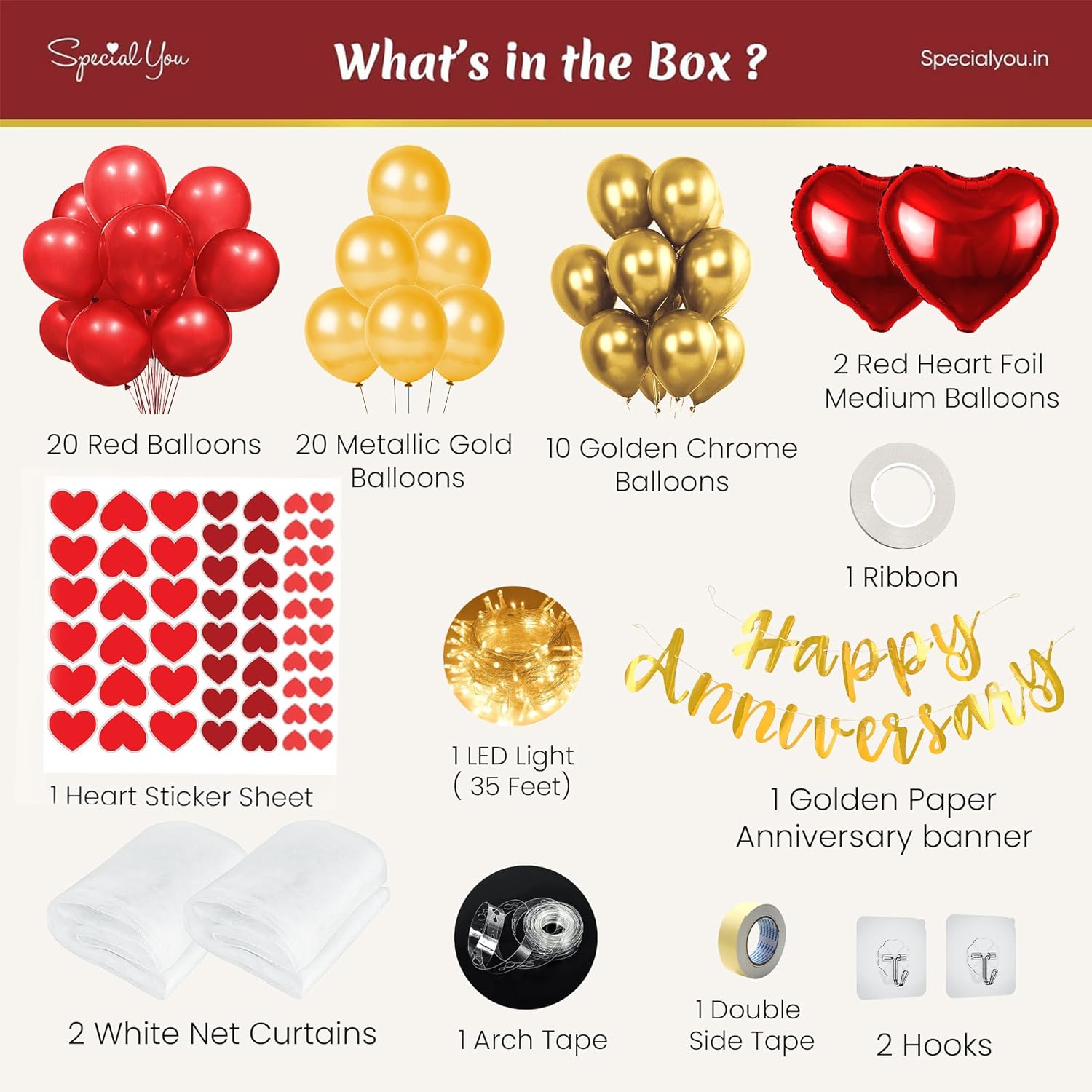 Red and Golden theme Balloons for Happy Anniversary
