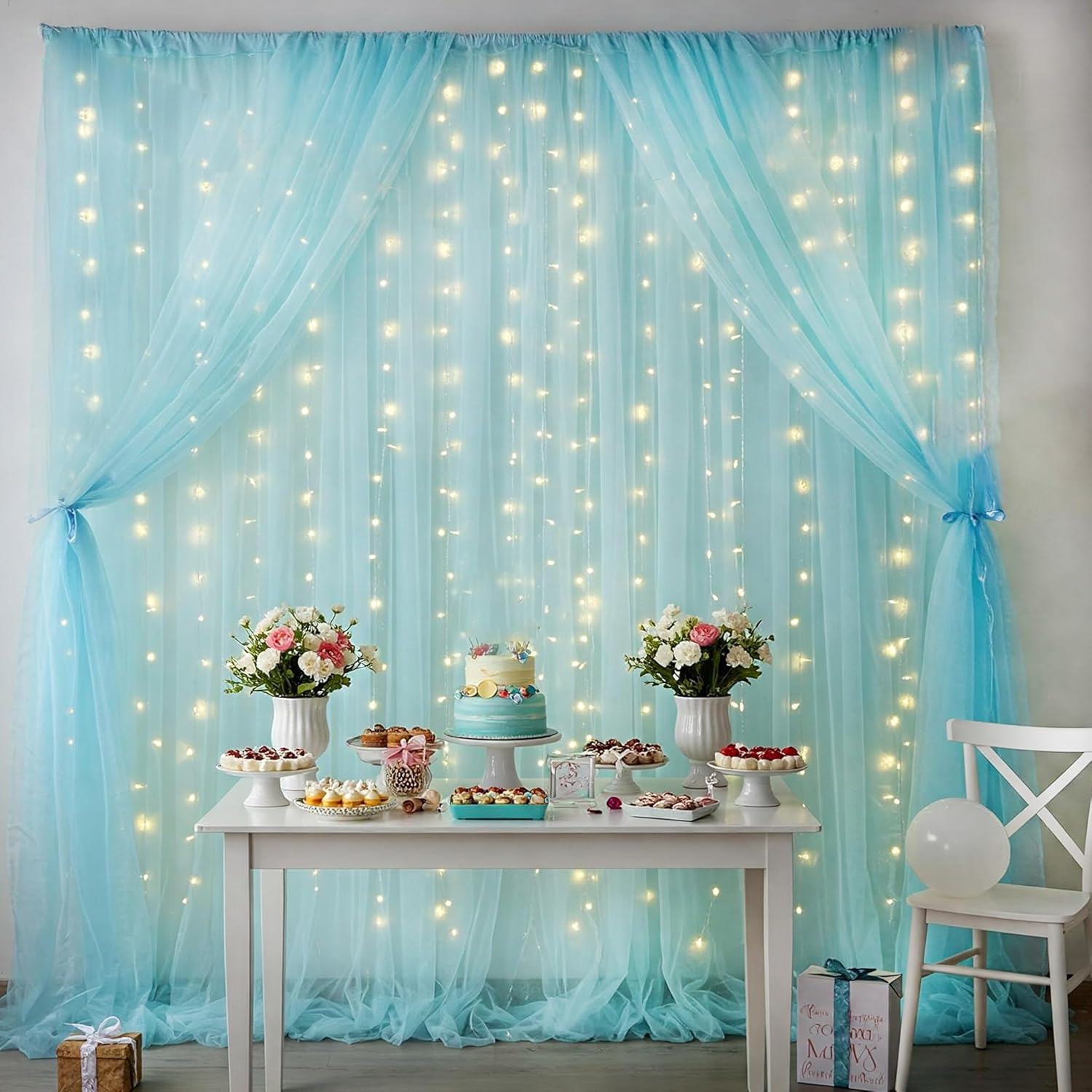 Blue Back Drop Curtain with Fairy Lights