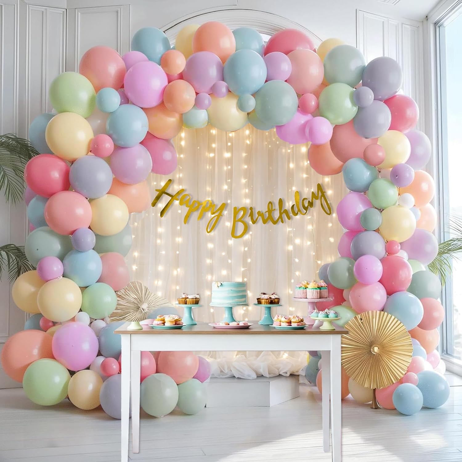 Rainbow Theme Birthday Decoration kit with White Curtains