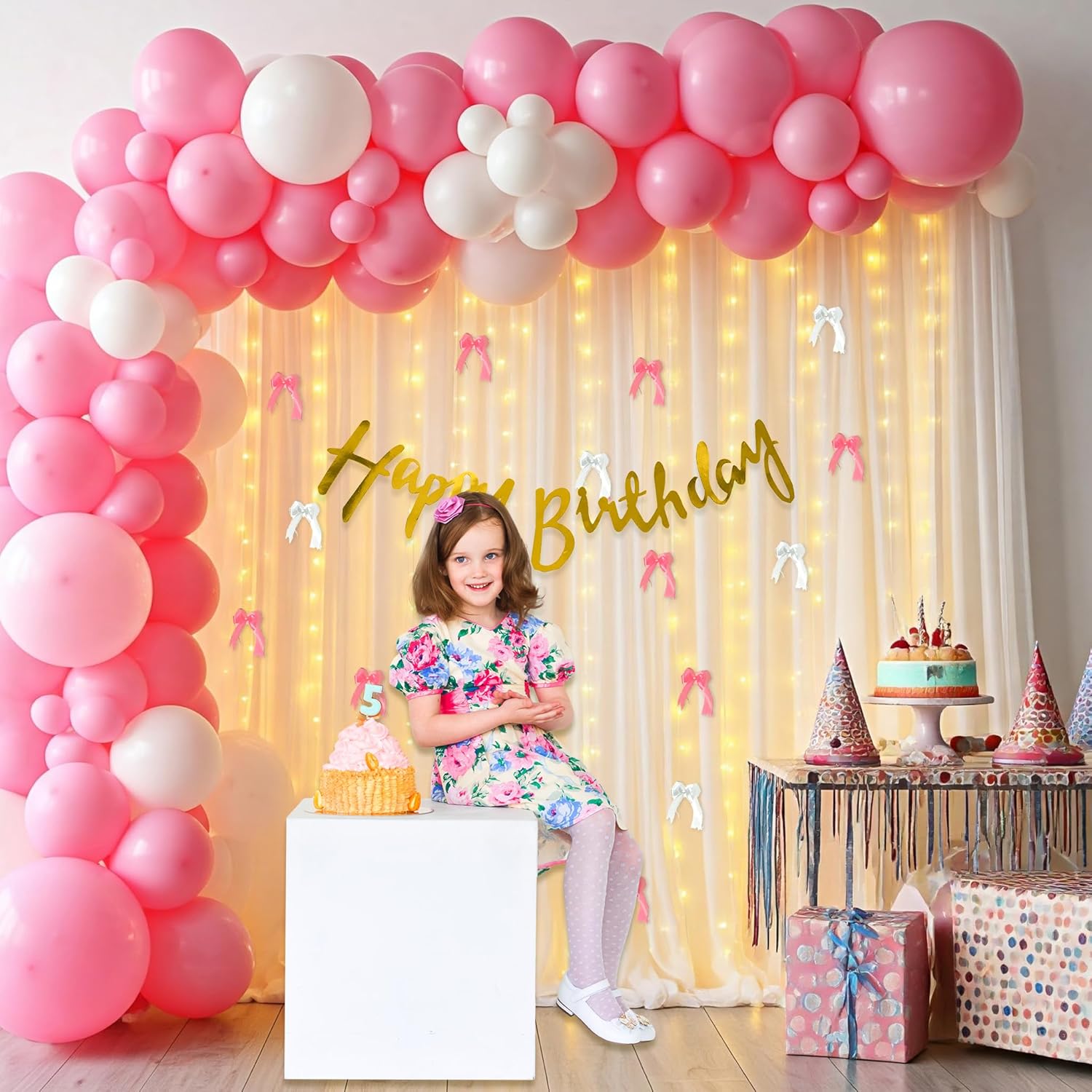 White pink balloon theme with backdrop