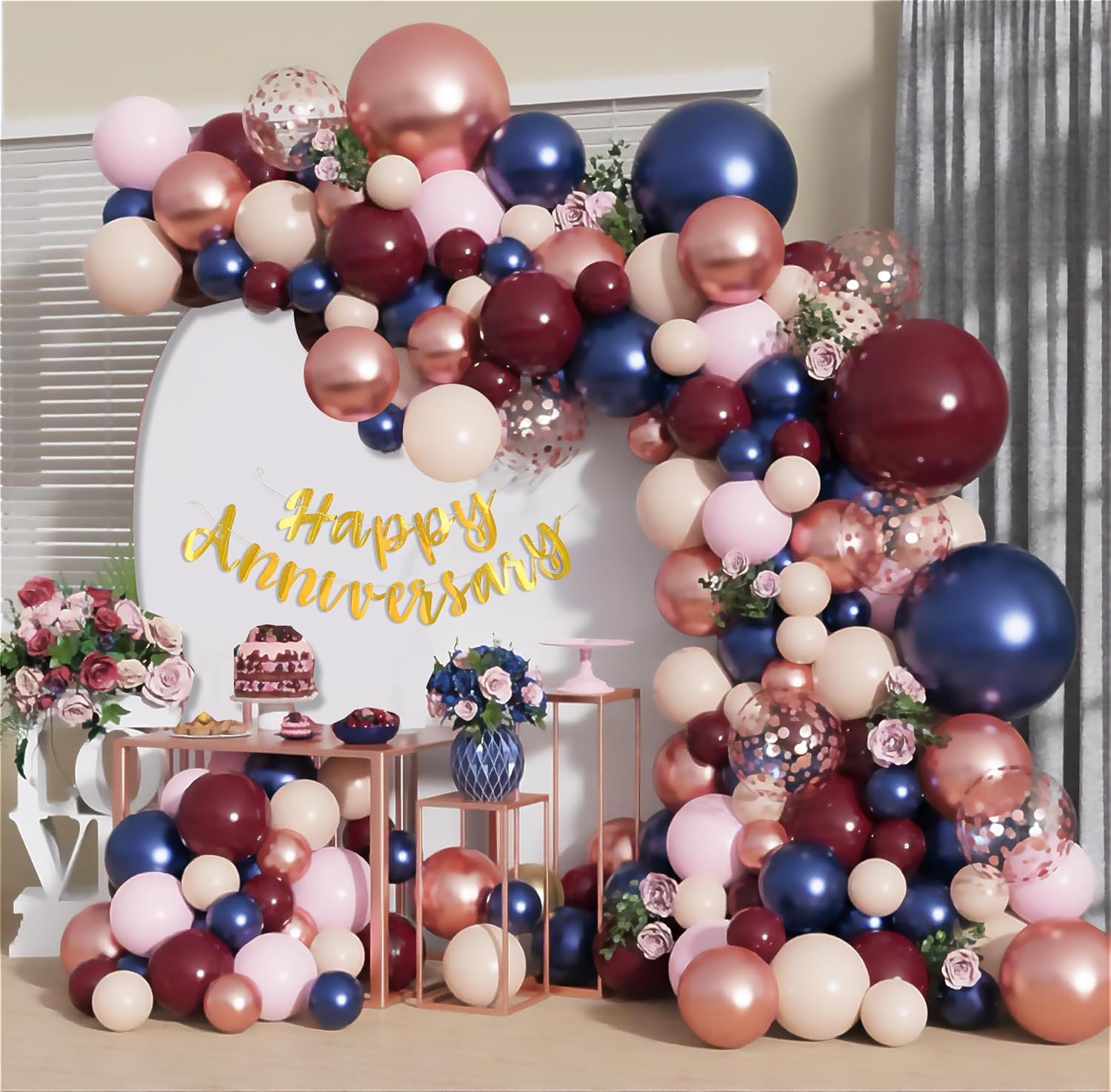 Burgundy and Pastel Pink Balloons for Anniversary Decoration
