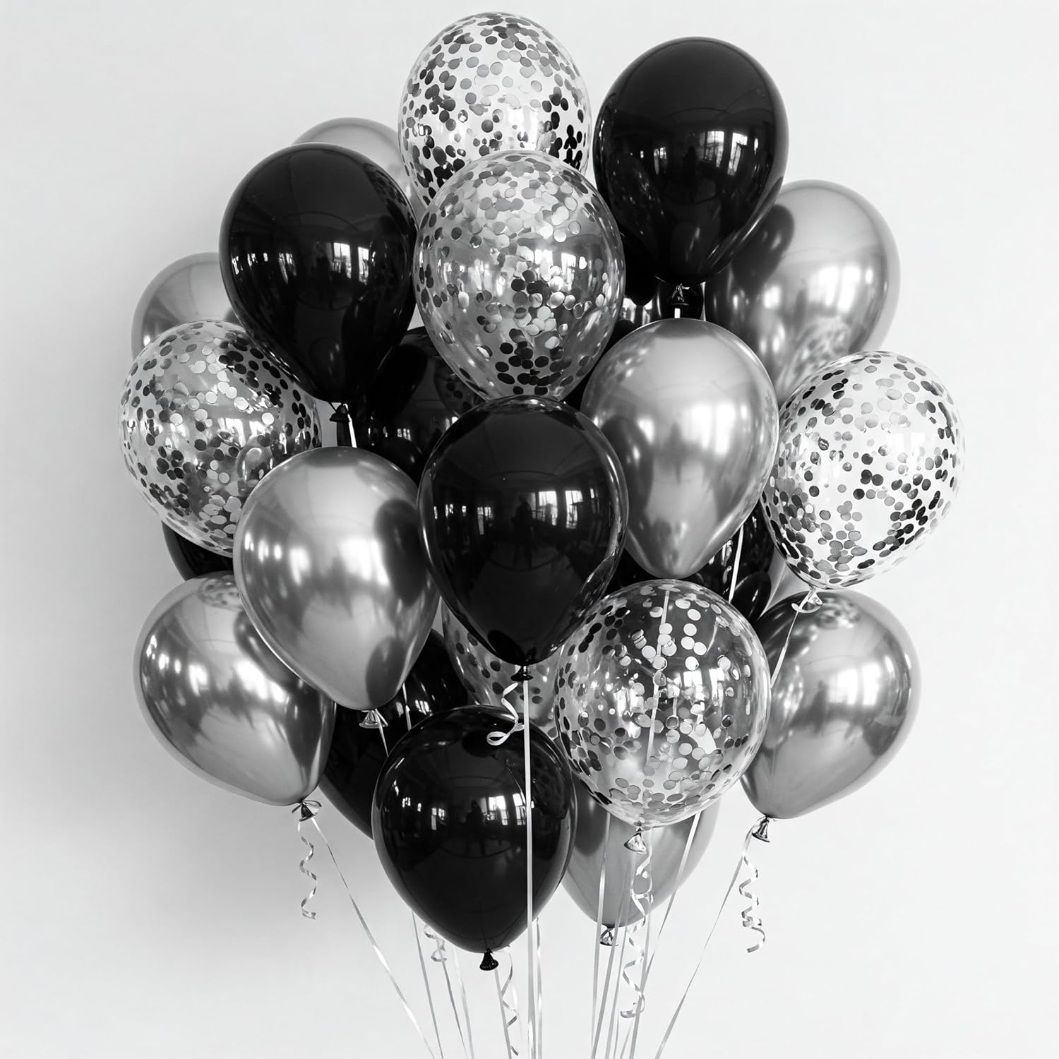 Black, Chrome Silver & Silver Confetti Balloons Decoration Kit