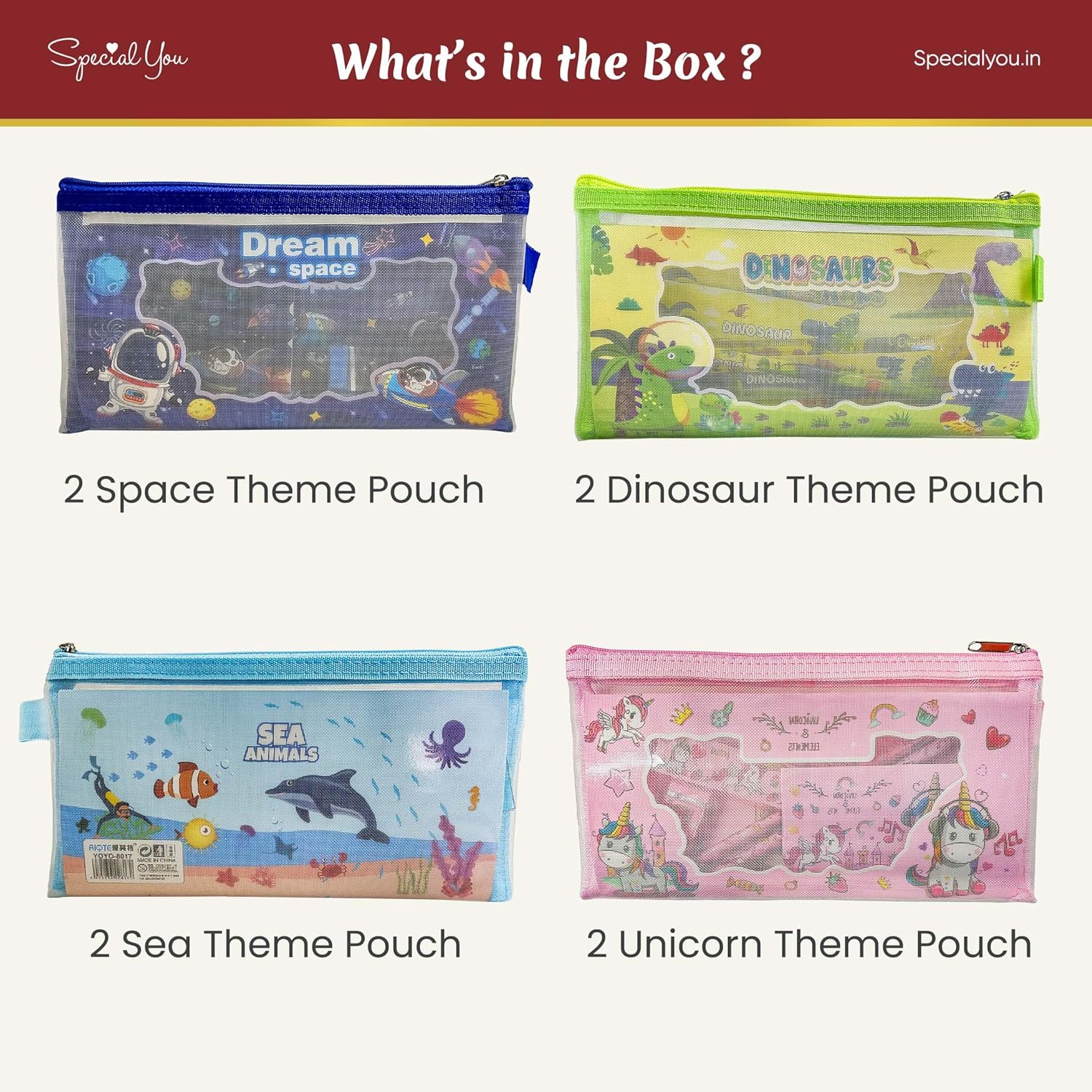 Pack of 4 Single Zip Printed Pencil Pouch