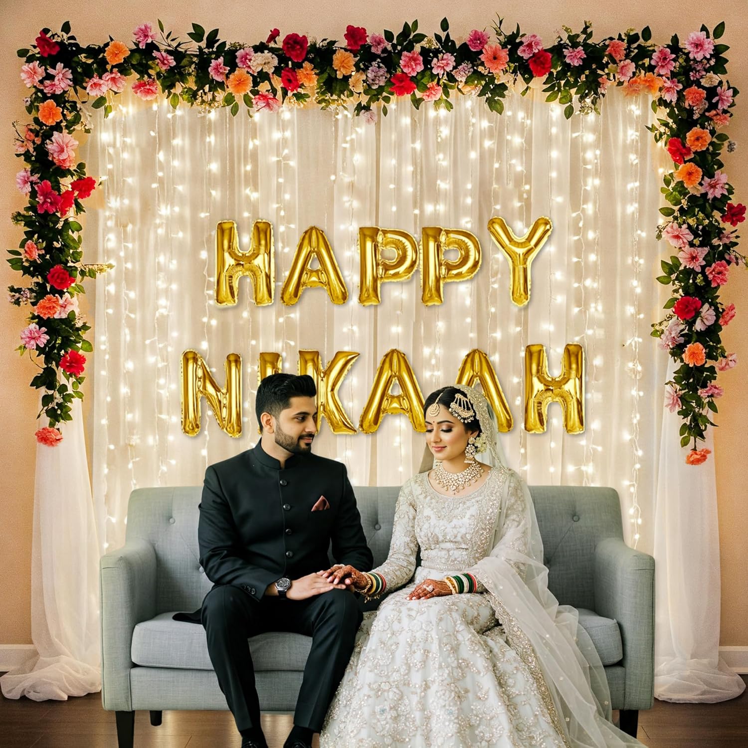 Happy Nikaah Decoration with Curtains and Fairy light