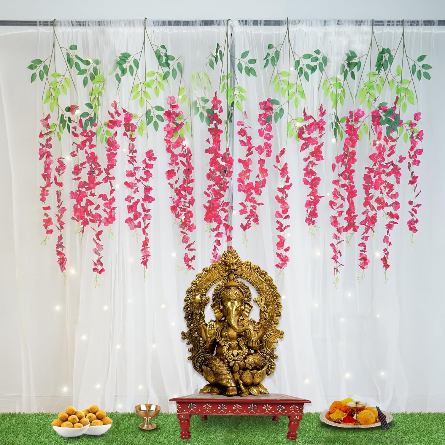 Elegant White Net Backdrop with Dark Pink Wisteria