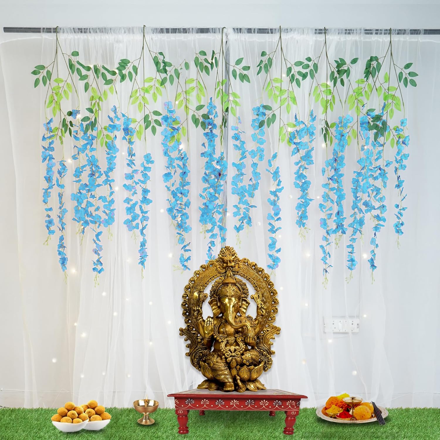 Decorate backdrop with Blue wisteria & curtains