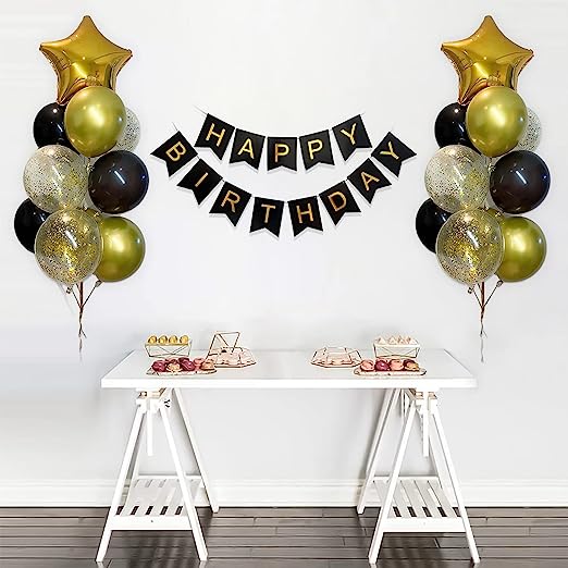 Birthday decoration DIY kit for men and women with gold and black balloons.
