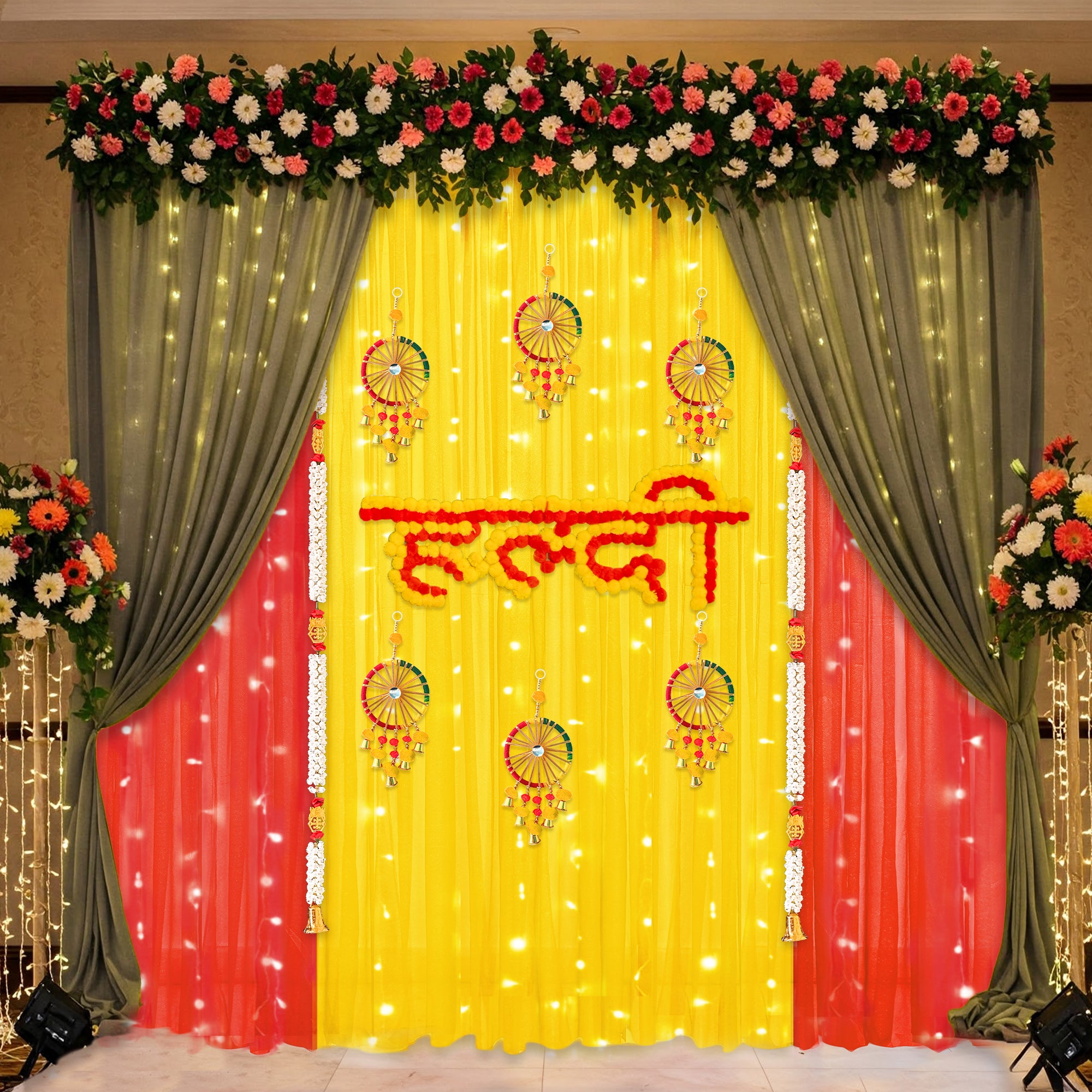 Decorate your haldi with yellow green & red backdrop